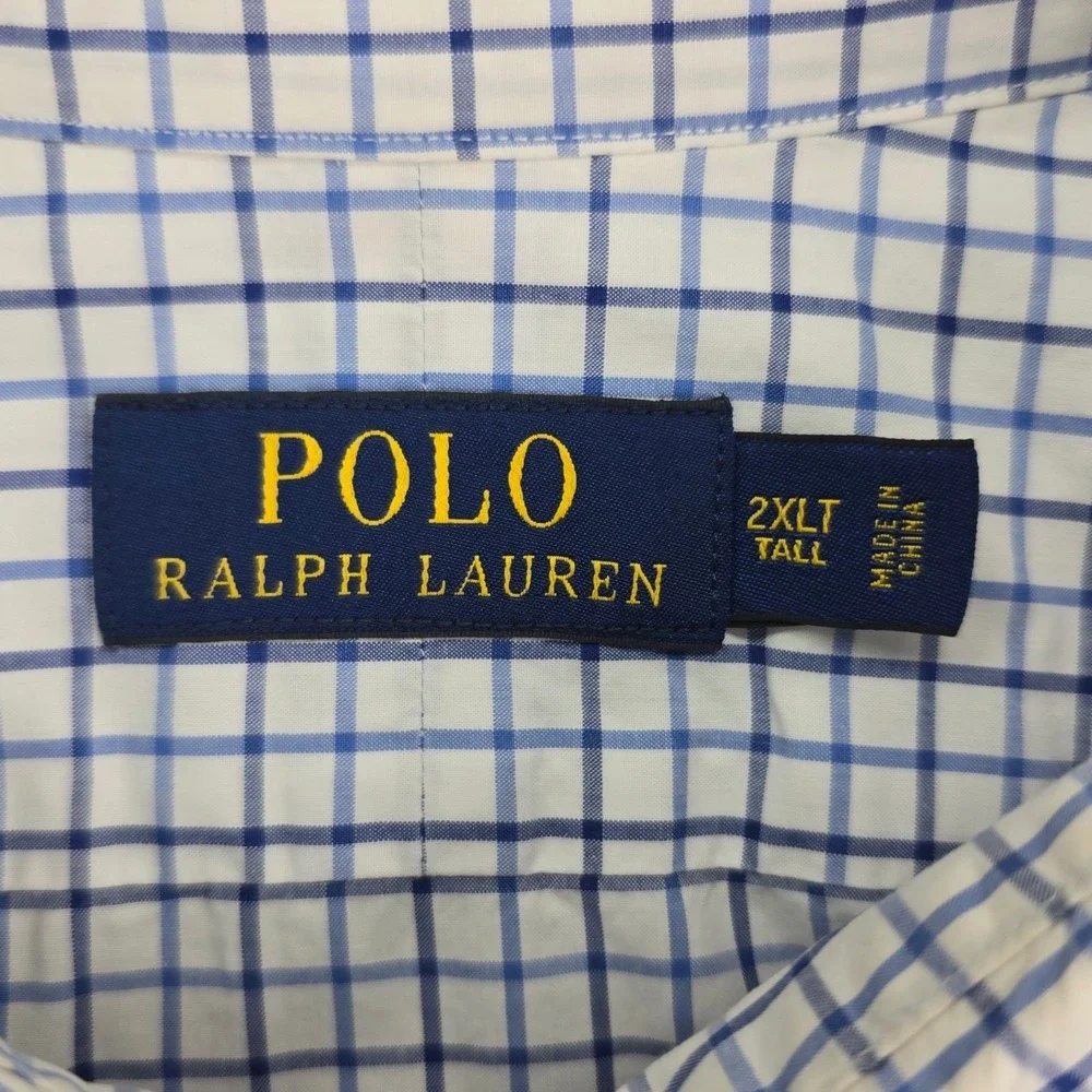 Polo Ralph Lauren Check Button Down Shirt Mens 2XLT Blue White Cotton Tall Pony